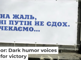 A banner reading, ‘Regrettably, Putin did not die today. We are waiting …’ hangs in the City Garden of Odesa, Ukraine, on April 1, 2023. Viacheslav Onyshchenko/Global Images Ukraine via Getty Images News